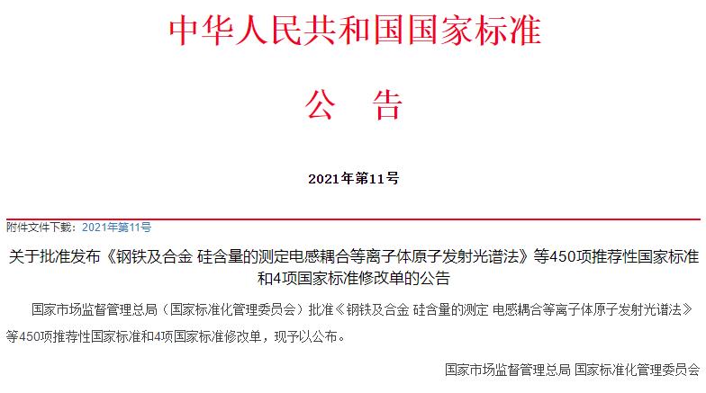 国家标准委批准450项推荐性国标和4项国标修改单，涉及仪器检测方法