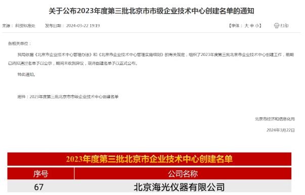 北京海光仪器有限公司荣获“北京市企业技术中心”称号